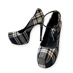 Alice‎ + Olivia Lolita Plaid Platform Pumps, Size 37 EU, Black and White